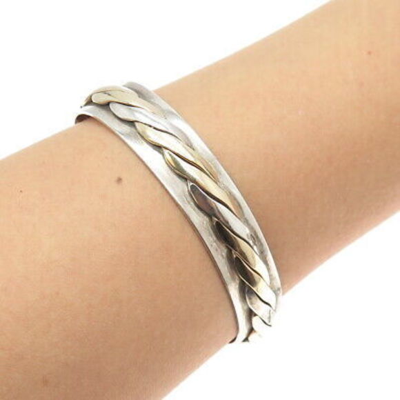 M. KAYE 925 Sterling Silver 2-Tone Vintage Modernist Adjustable Cuff Bracelet 7